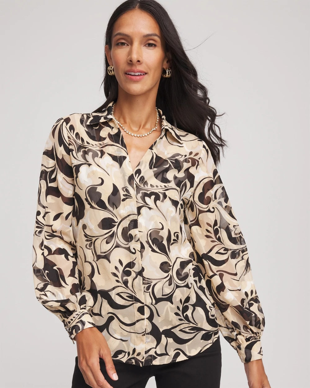 Chico's Exclusive - Floral Burnout Blouson-Sleeve Blouse Black