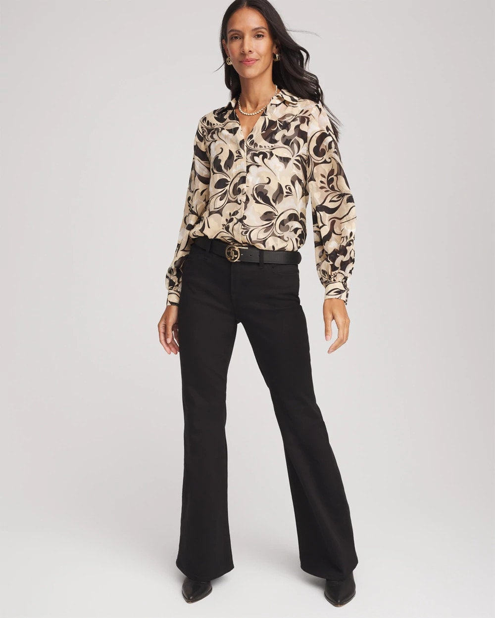 Chico's Exclusive - Floral Burnout Blouson-Sleeve Blouse Black