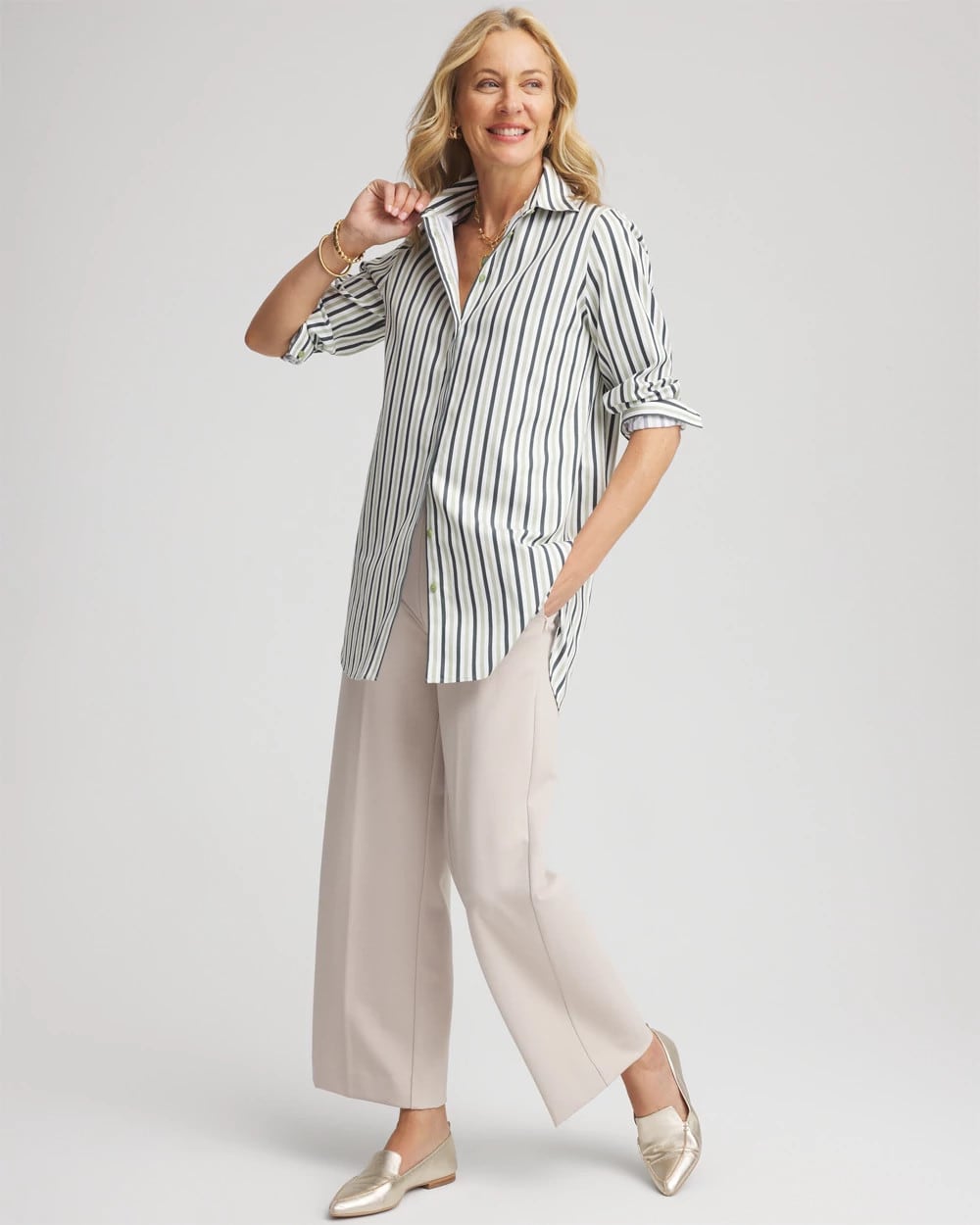 Chico's Premium - No Iron™ Striped Shirt Sage Meadow