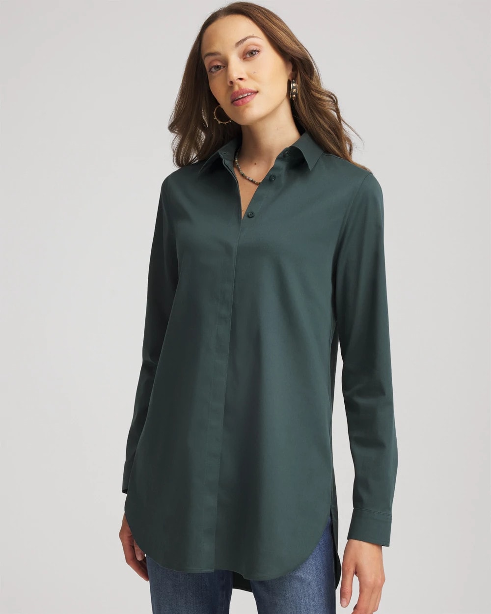 Chico's Trusted - No Iron™ Long-Sleeved Tunic Darkest Spruce