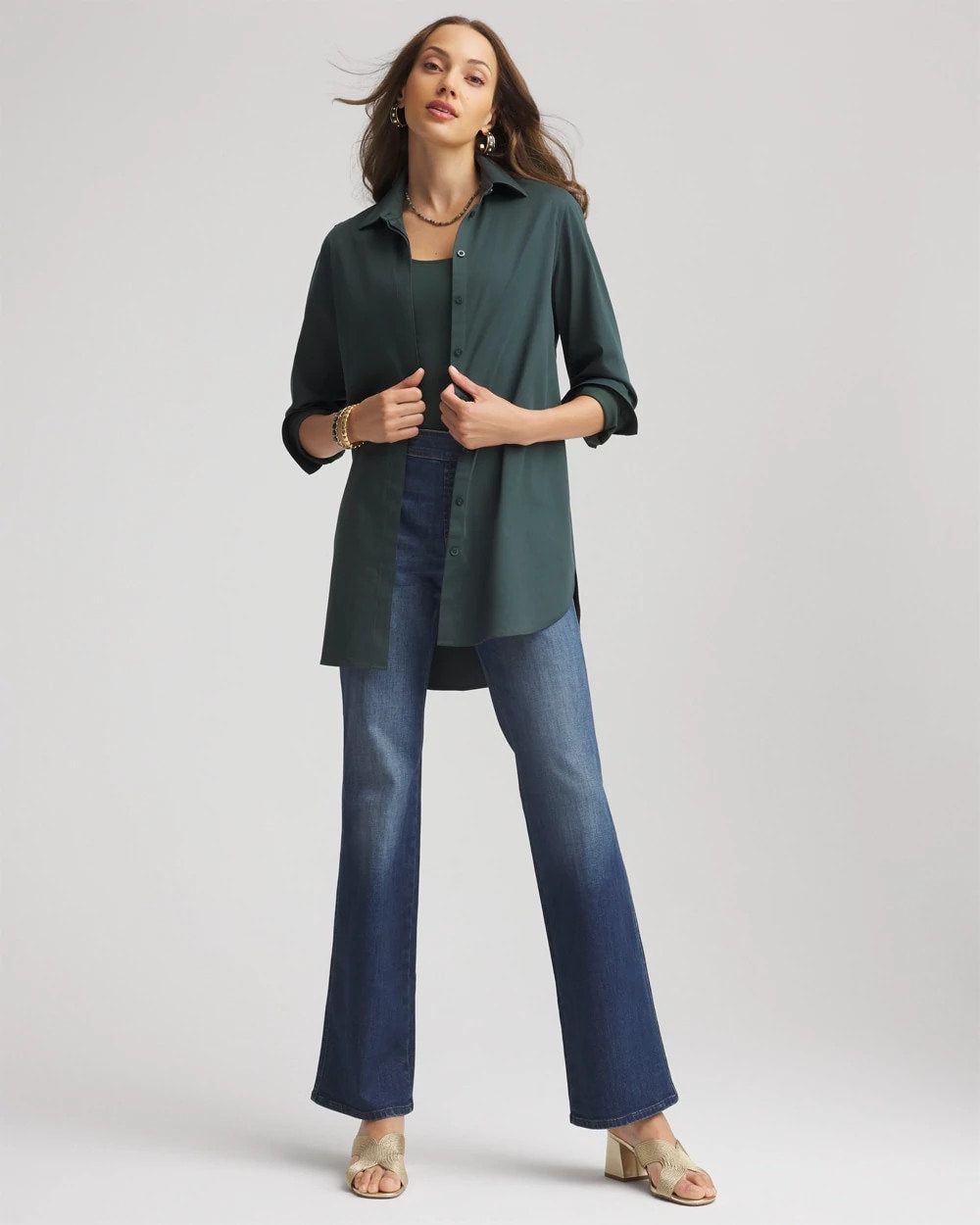 Chico's Trusted - No Iron™ Long-Sleeved Tunic Darkest Spruce