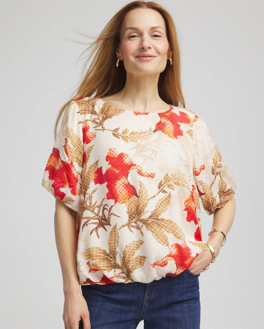 Chico's Top Pick - Floral Bubble-Hem Blouse Glistening Sand
