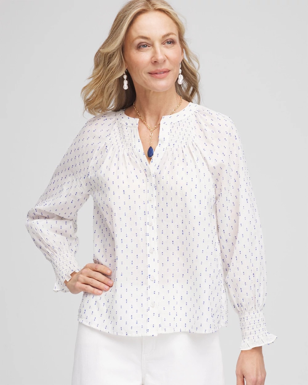 Chico's Trending - Smocked Split-neck Blouse Blue Casa