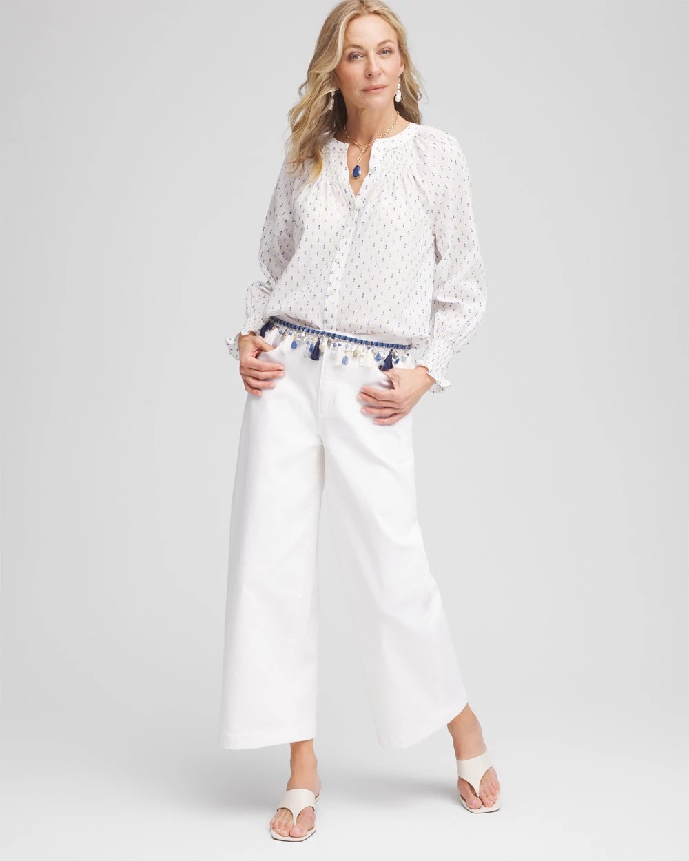 Chico's Trending - Smocked Split-neck Blouse Blue Casa