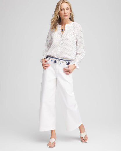 Chico's Trending - Smocked Split-neck Blouse Blue Casa