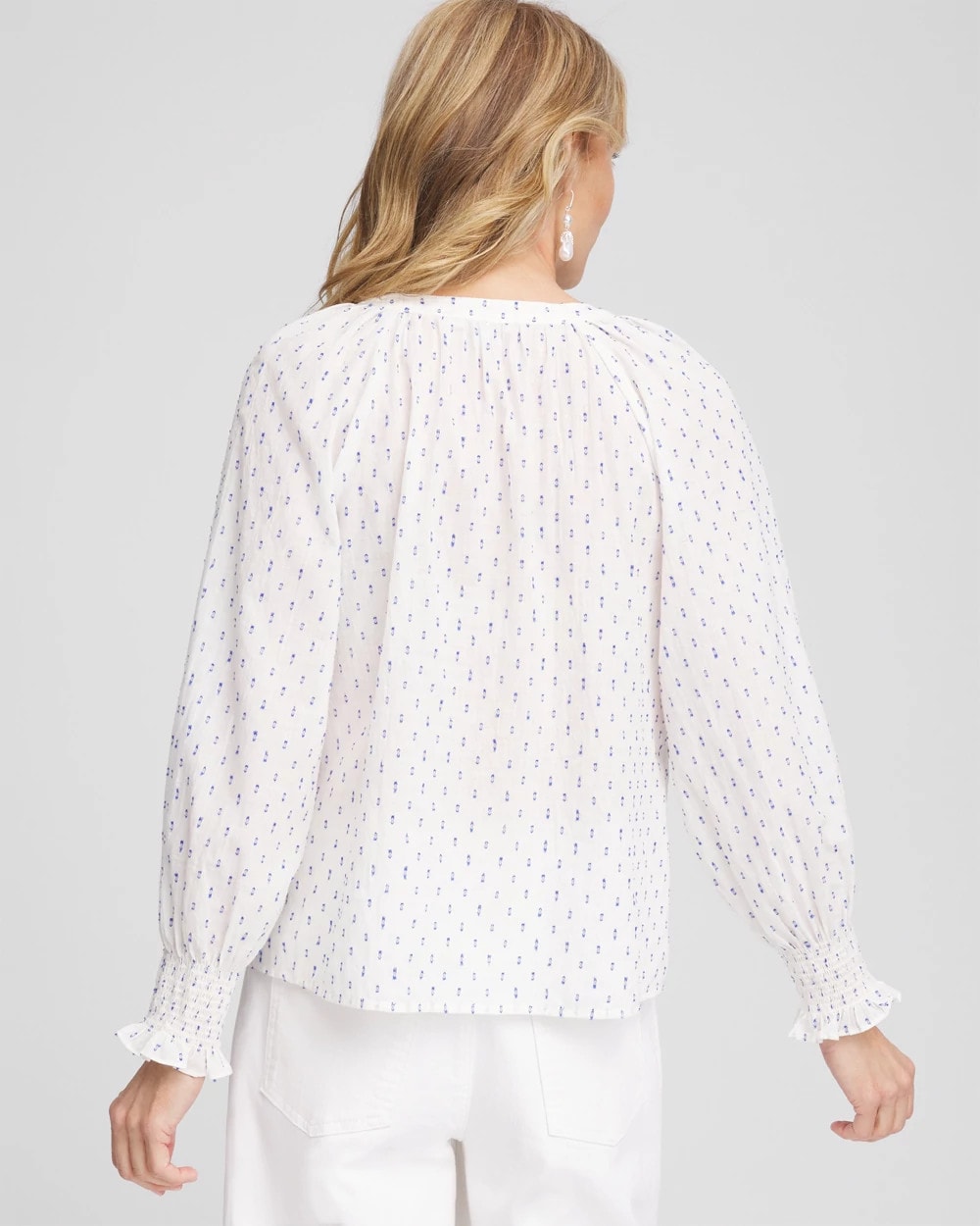 Chico's Trending - Smocked Split-neck Blouse Blue Casa