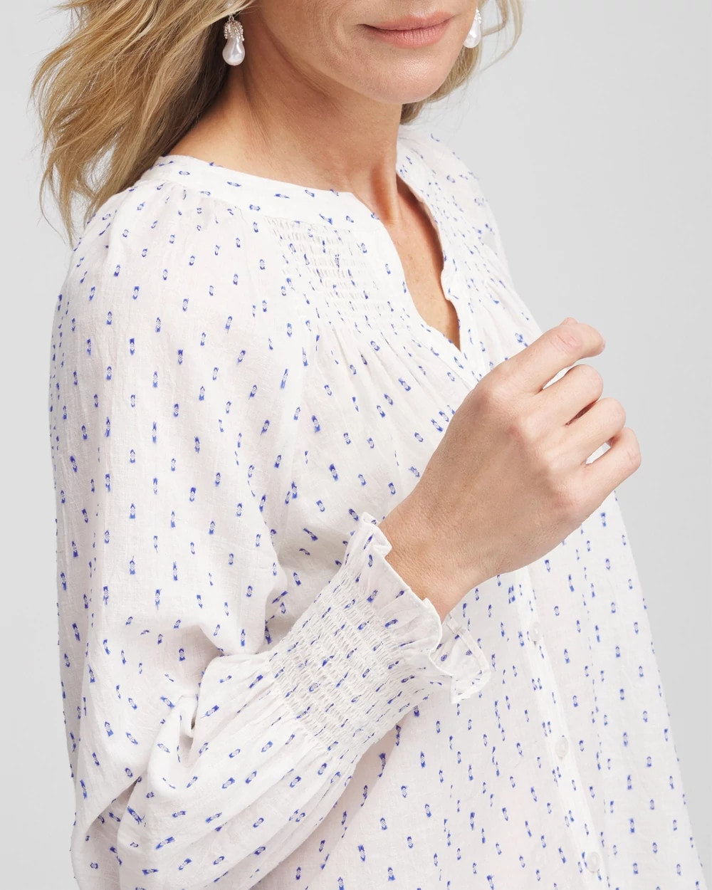 Chico's Trending - Smocked Split-neck Blouse Blue Casa