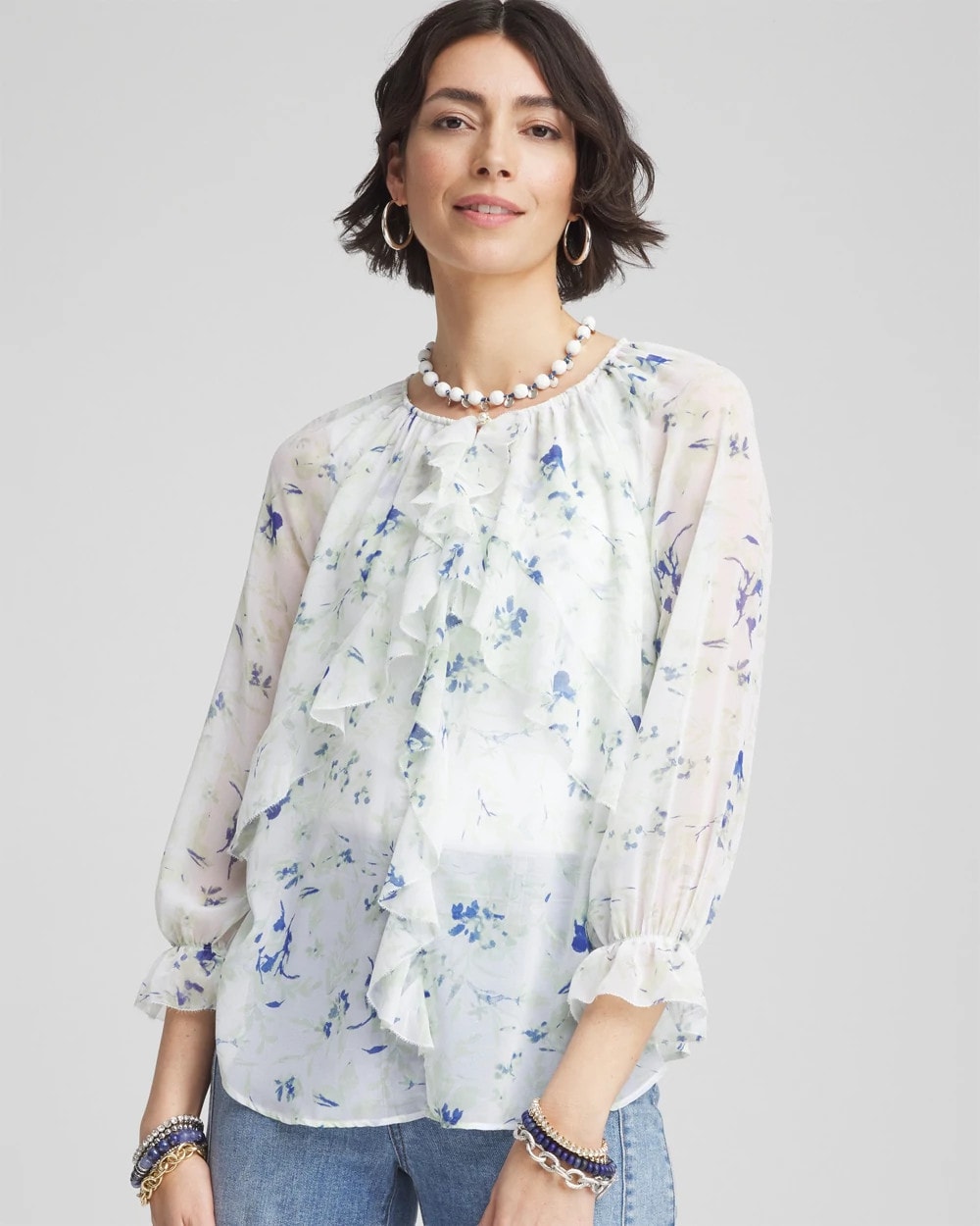 Chico's Premium - Georgette Sheer Ruffle Blouse Blue Pearl