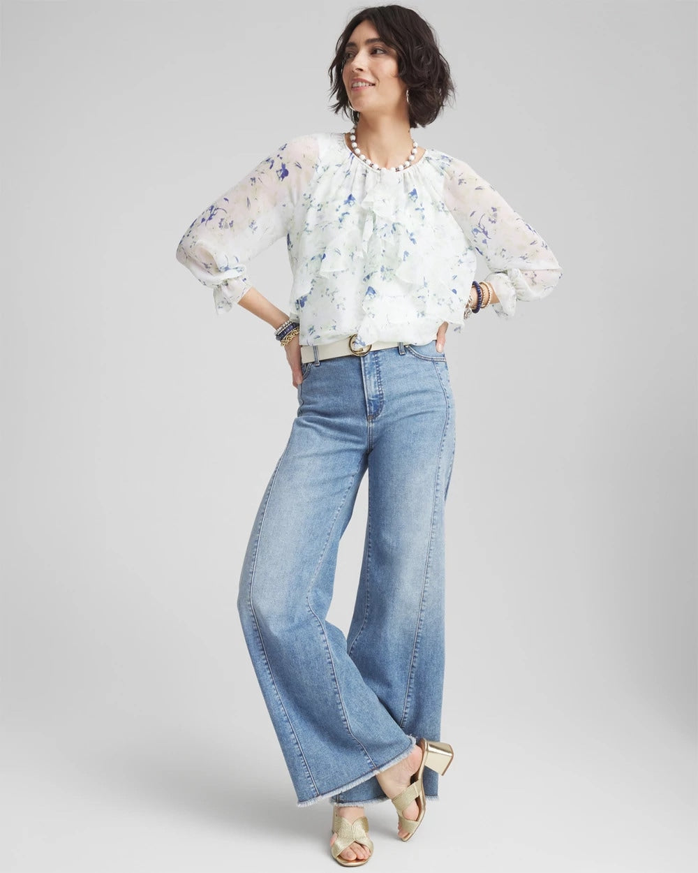 Chico's Premium - Georgette Sheer Ruffle Blouse Blue Pearl