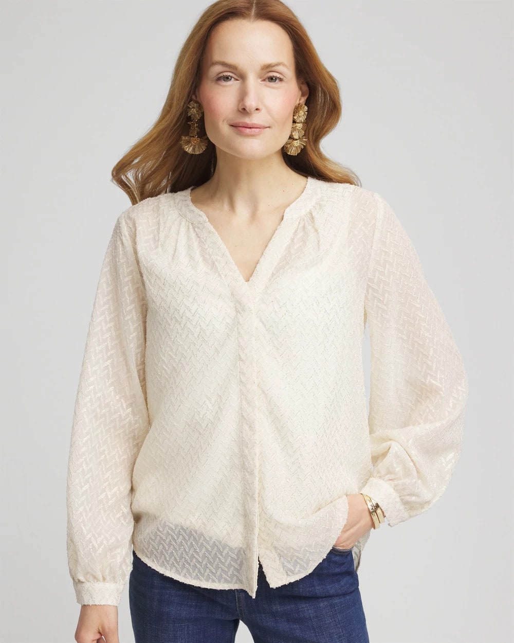 Chico's Quality - Chevron Blouson Sleeve Blouse Ecru