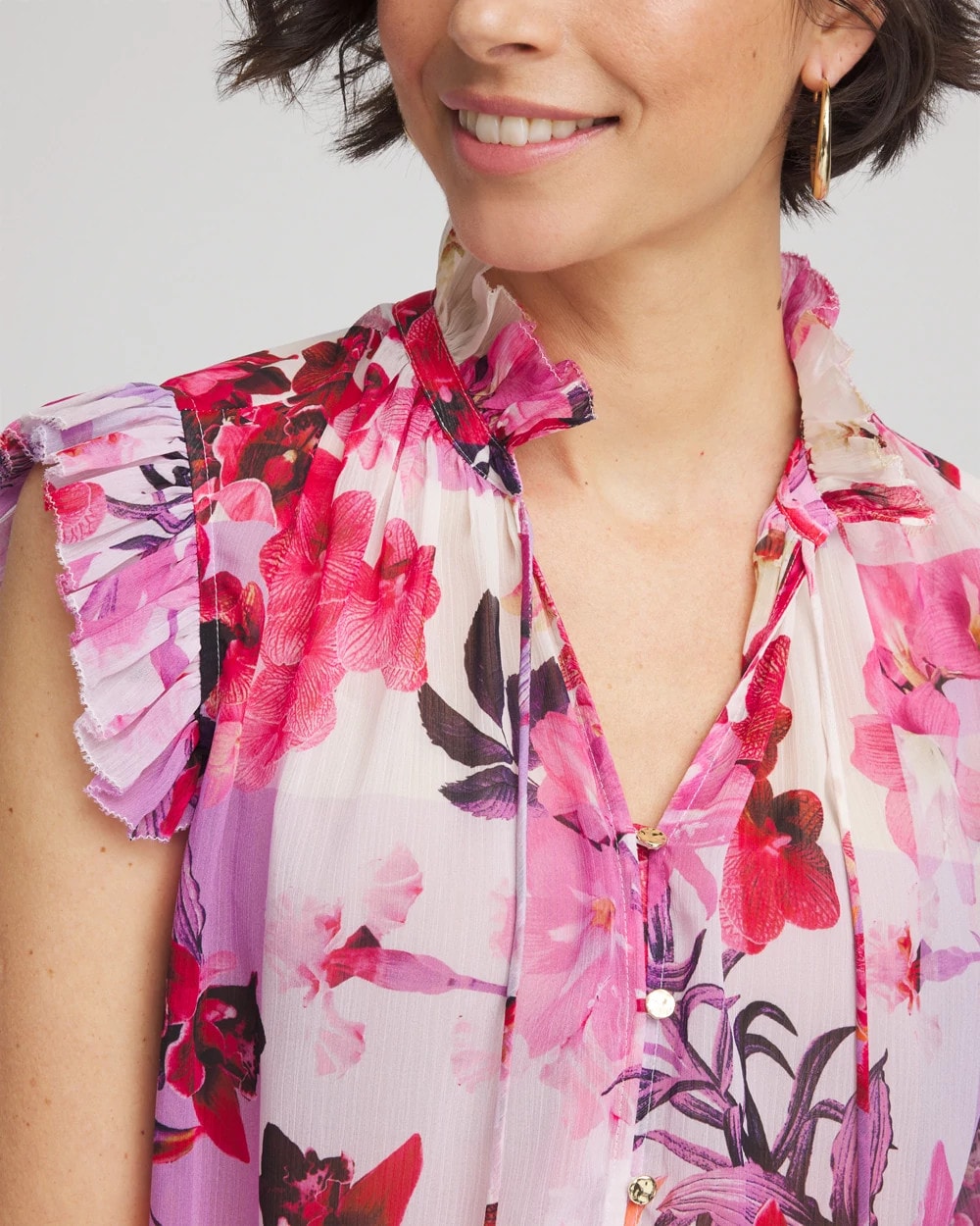 Chico's Classic - Floral Ruffle Collar Blouse Plum Shade