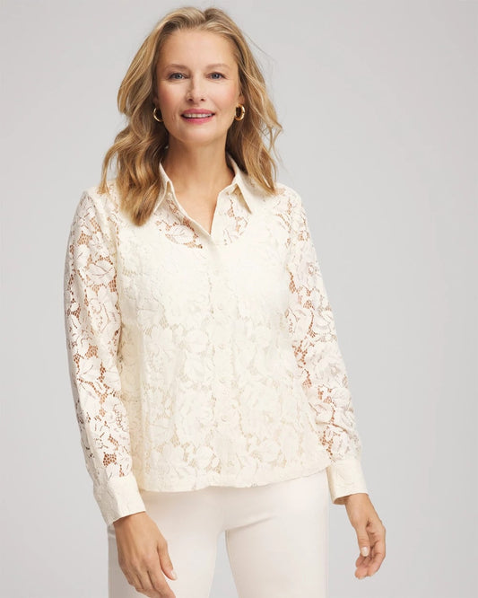 Chico's New - Classic-Fit Collared Lace Shirt English Cream