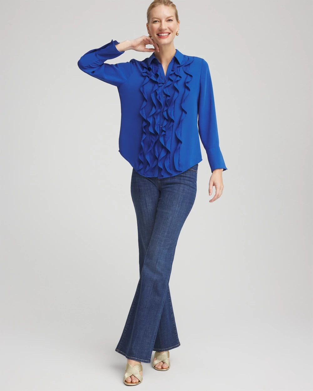 Chico's Classic - Ruffle-Trim Chiffon Blouse Cobalt Stone