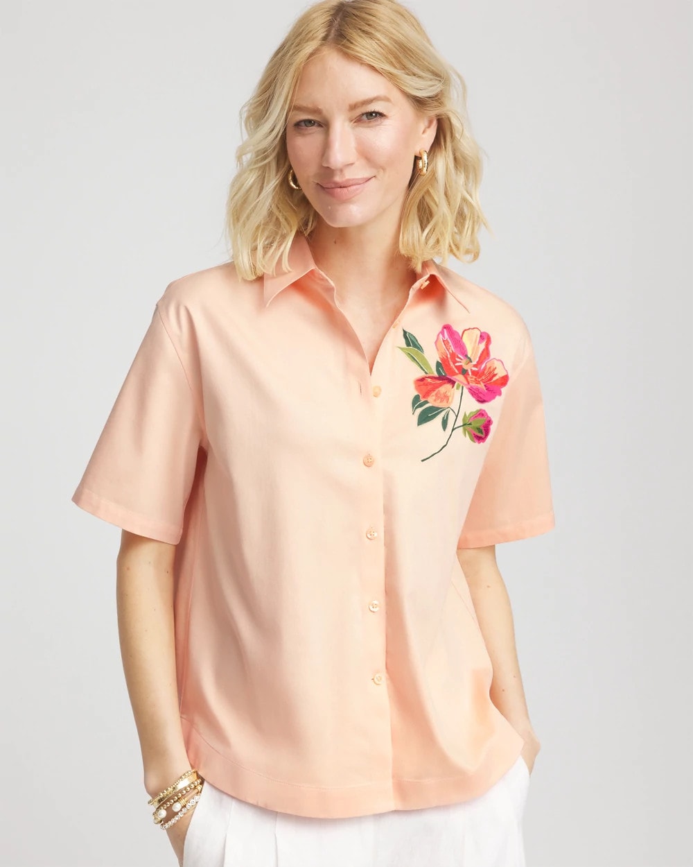 Chico's Hot Sale - No Iron™ Embroidered Floral Short-Sleeve Shirt Sunset Peach