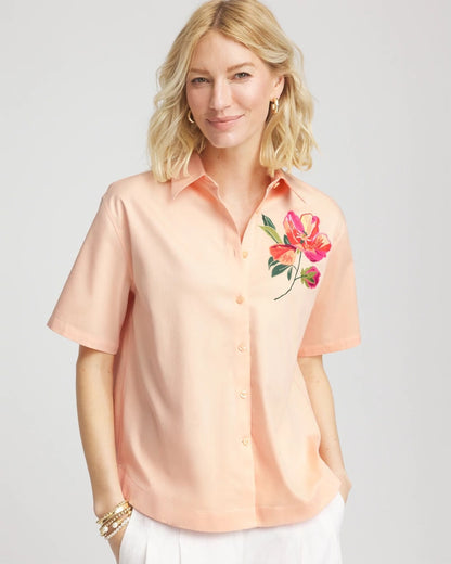 Chico's Hot Sale - No Iron™ Embroidered Floral Short-Sleeve Shirt Sunset Peach
