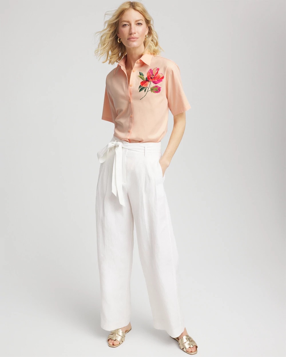 Chico's Hot Sale - No Iron™ Embroidered Floral Short-Sleeve Shirt Sunset Peach
