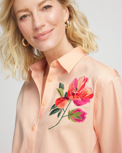 Chico's Hot Sale - No Iron™ Embroidered Floral Short-Sleeve Shirt Sunset Peach
