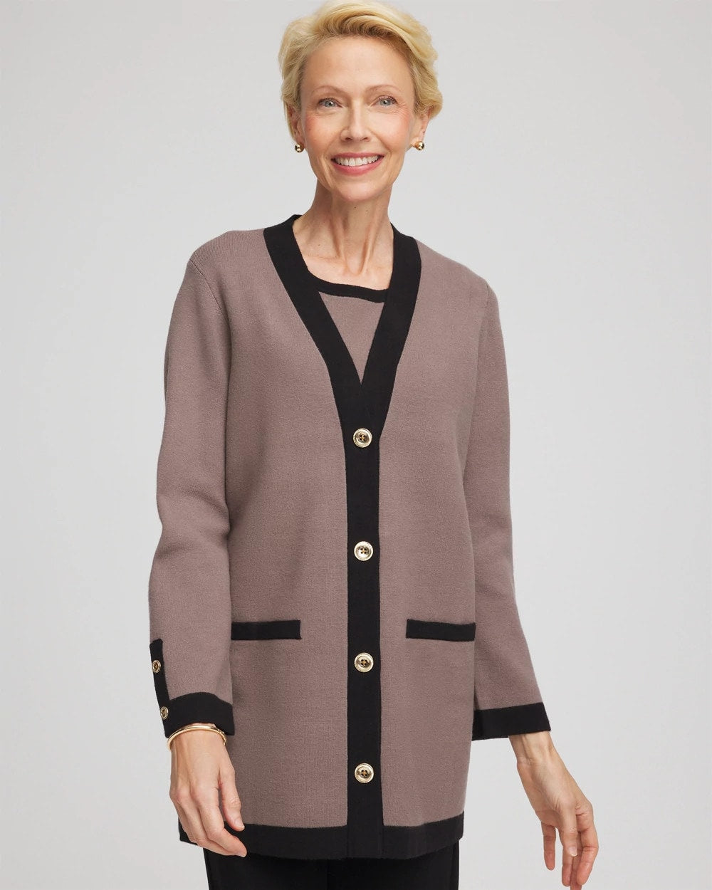 Chico's Popular - Travelers™ Tipped Button-Down Cardigan Deep Taupe