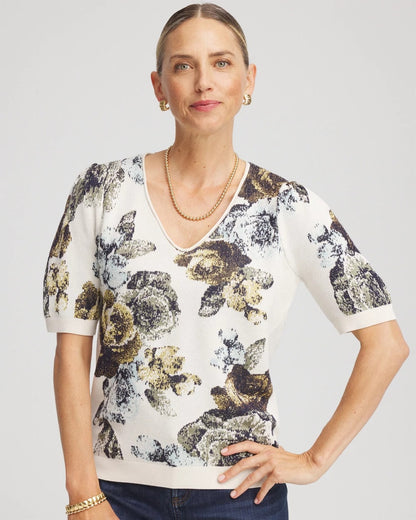 Chico's Trusted - Floral V-Neck Sweater Tee English Cream