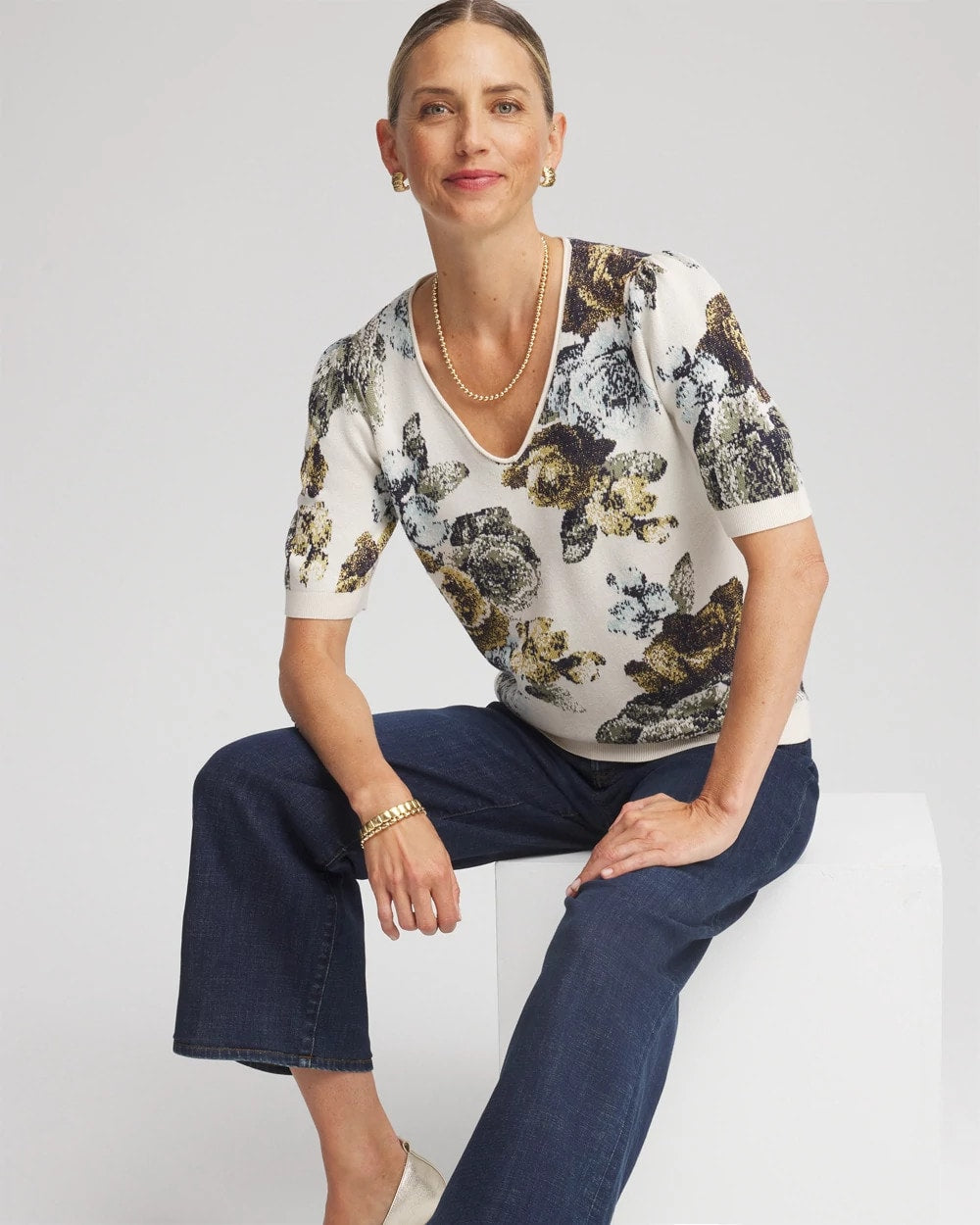 Chico's Trusted - Floral V-Neck Sweater Tee English Cream