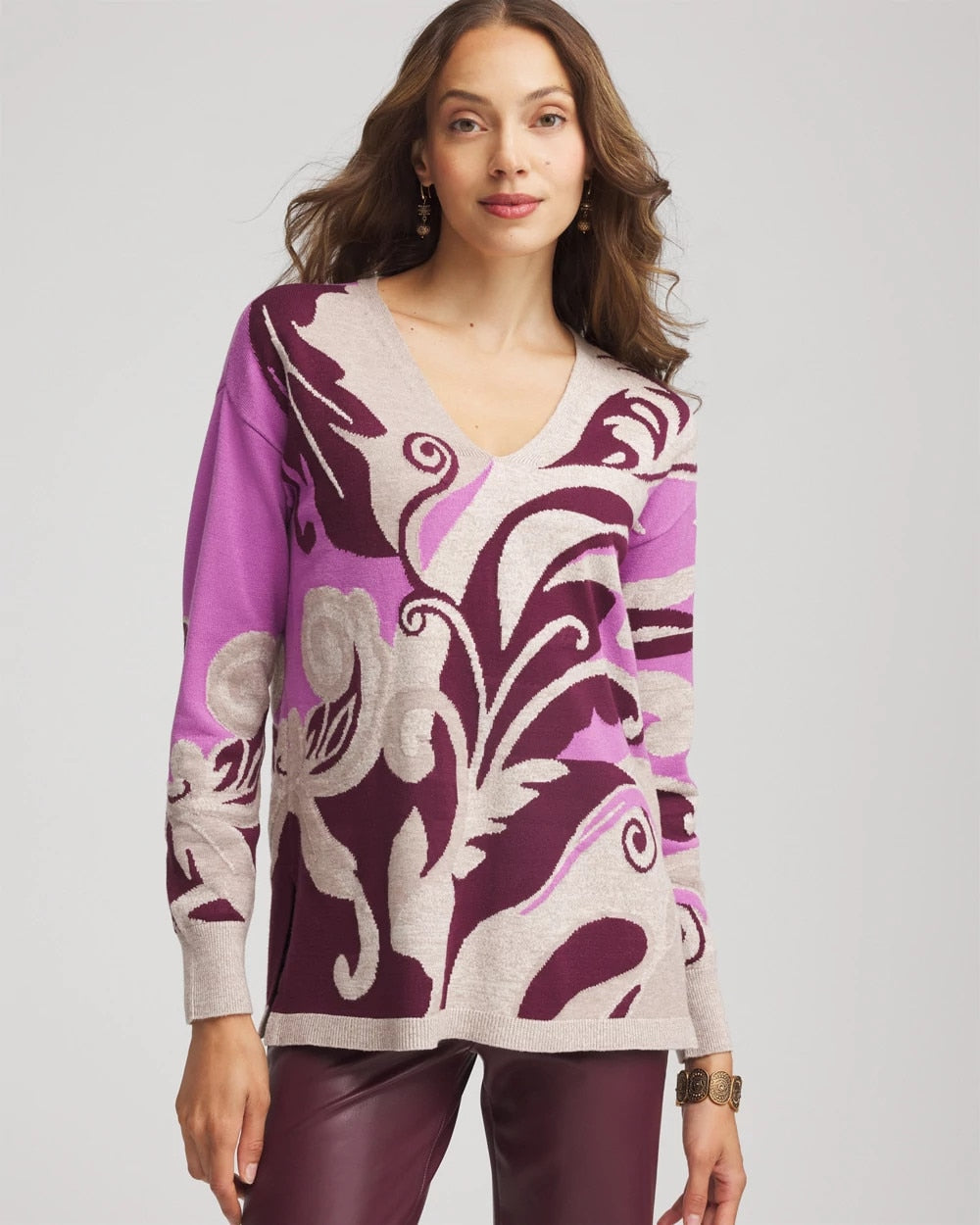 Chico's Special Offer - Intarsia Knit V-Neck Pullover Sweater Gooseberry