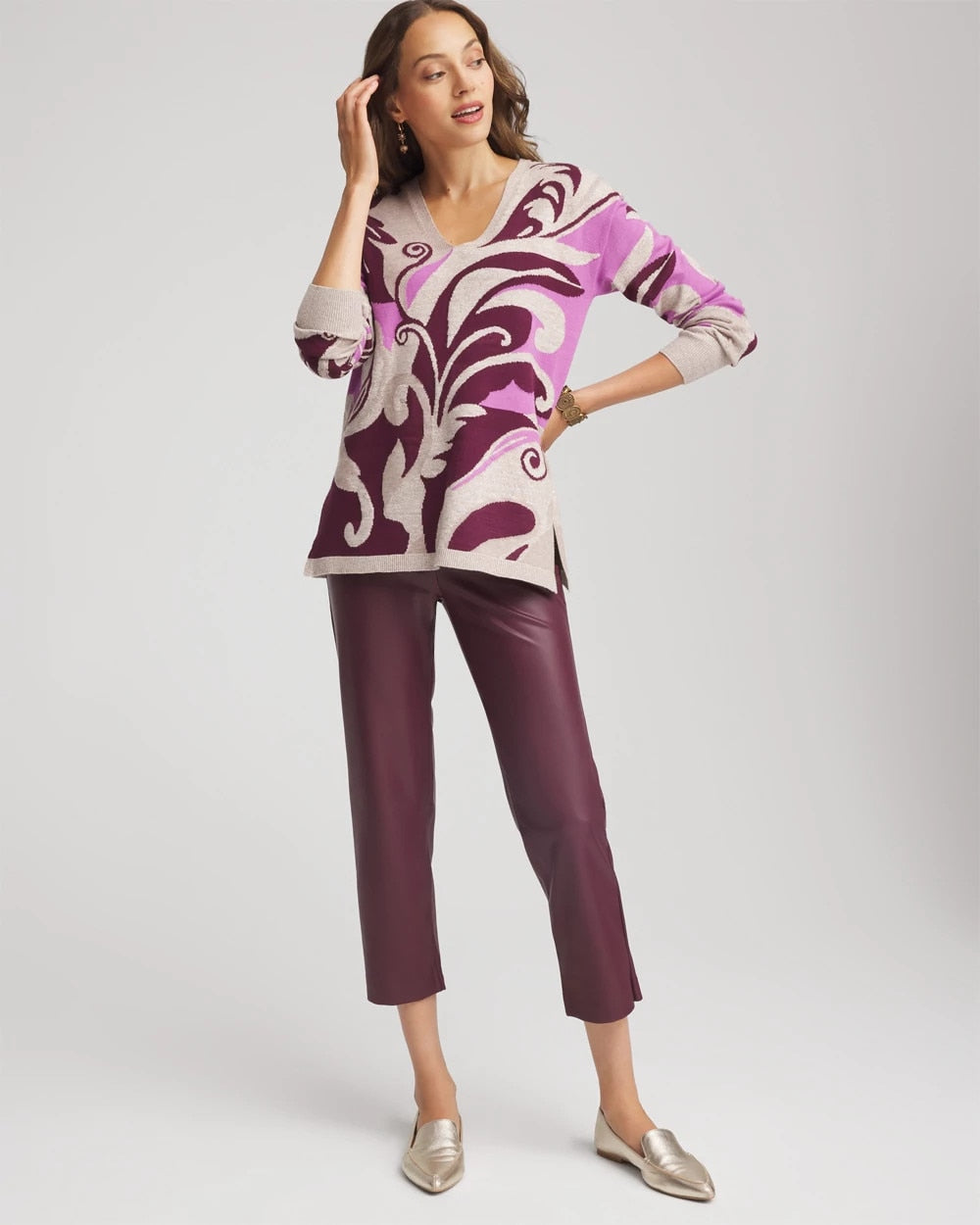 Chico's Special Offer - Intarsia Knit V-Neck Pullover Sweater Gooseberry