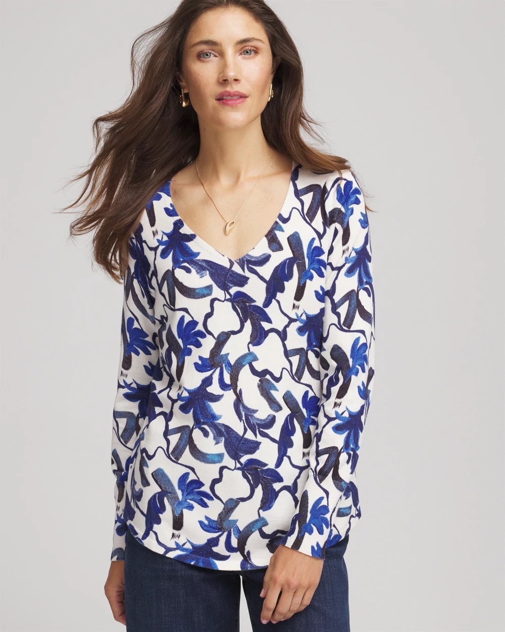 Chico's Featured - Ella V-Neck Blue-Petals Pullover Sweater Ecru