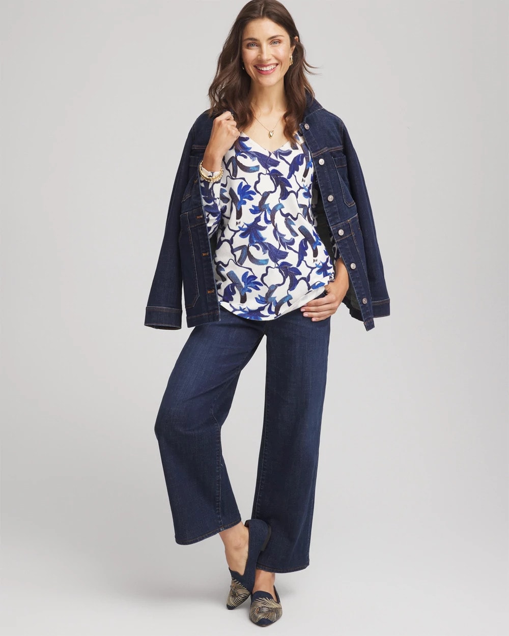 Chico's Featured - Ella V-Neck Blue-Petals Pullover Sweater Ecru