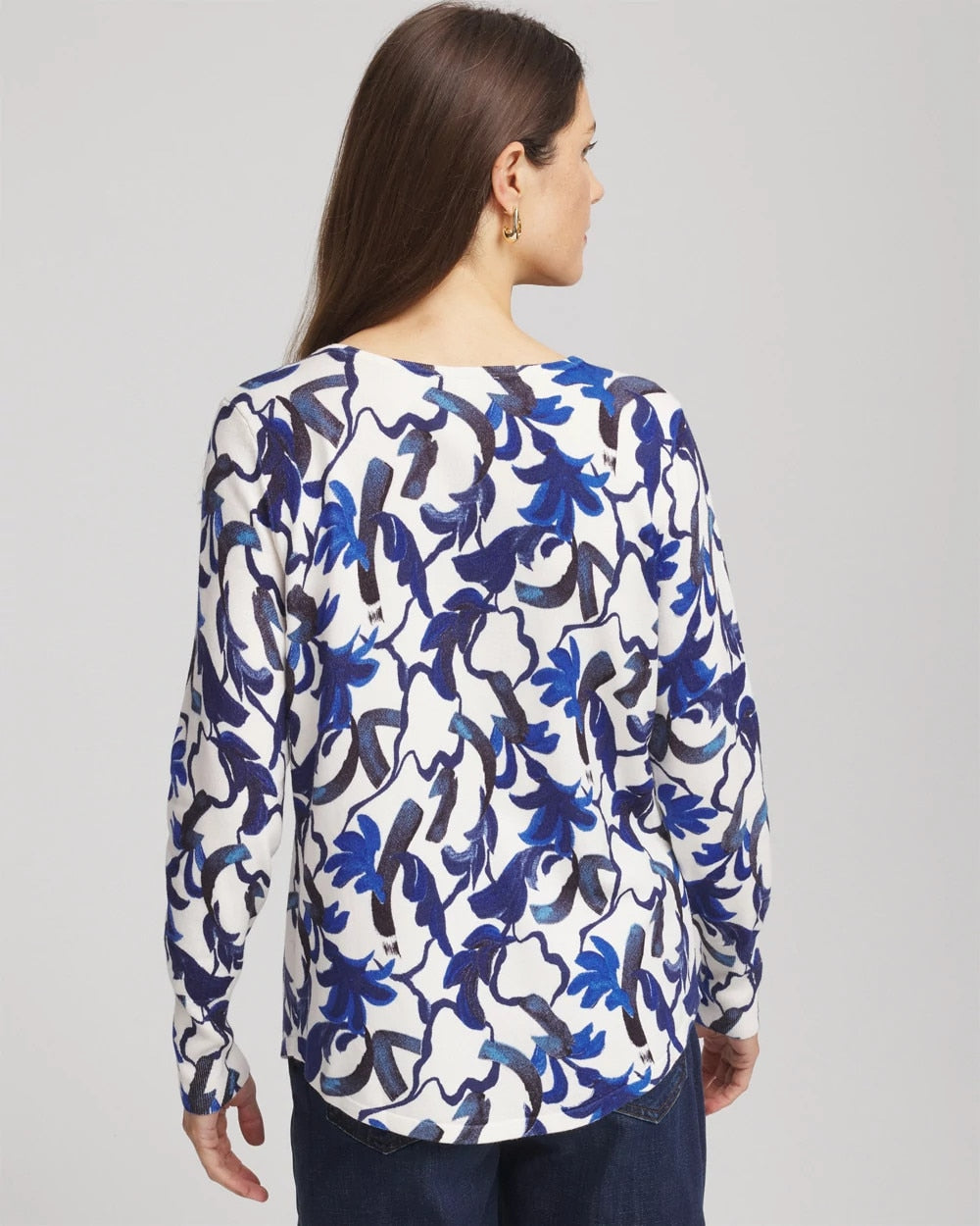 Chico's Featured - Ella V-Neck Blue-Petals Pullover Sweater Ecru