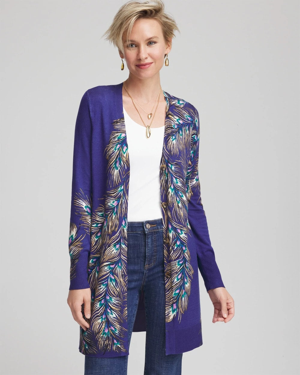 Chico's Classic - Ella Peacock-Print Cardigan Sweater Dark Cobalt