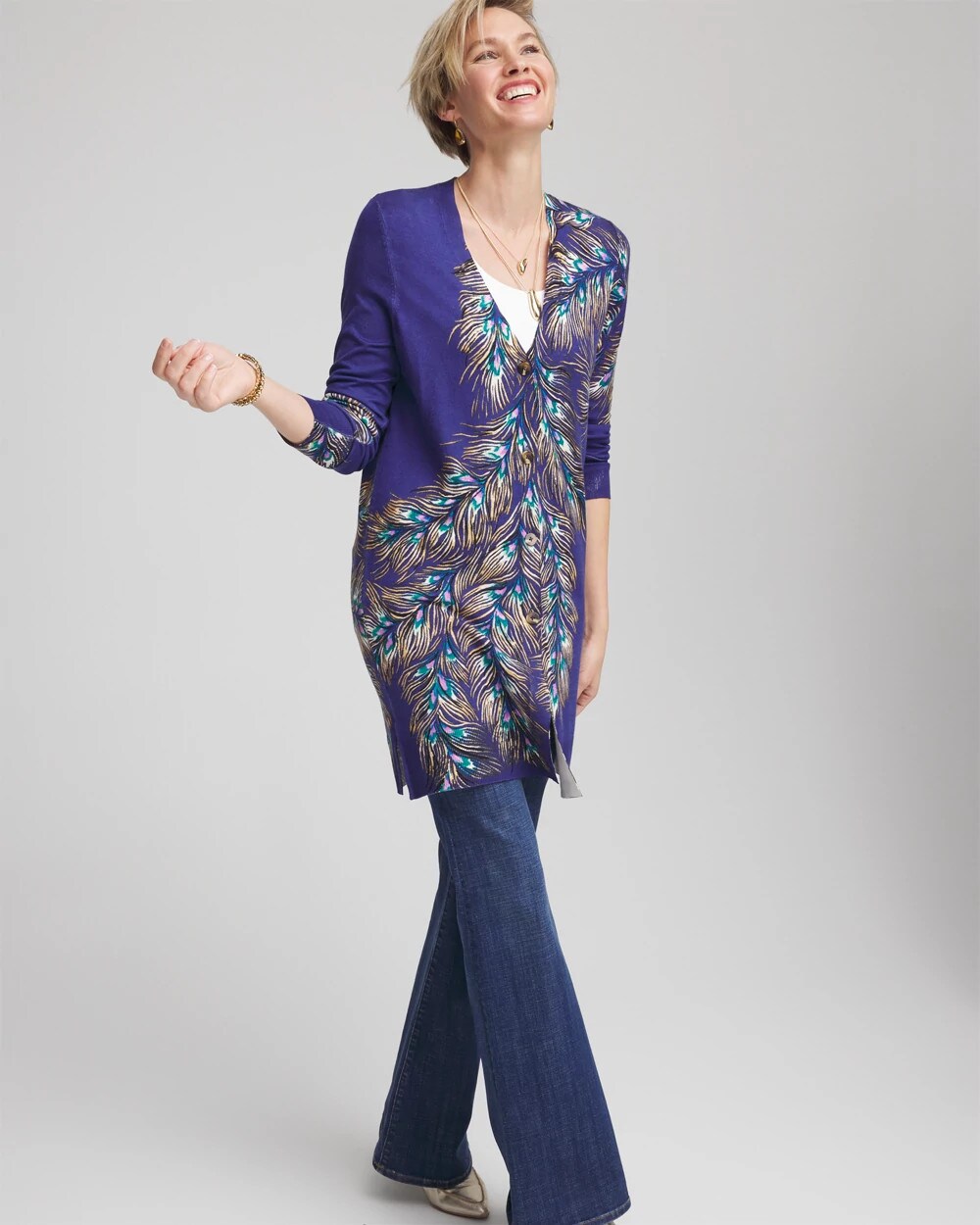 Chico's Classic - Ella Peacock-Print Cardigan Sweater Dark Cobalt
