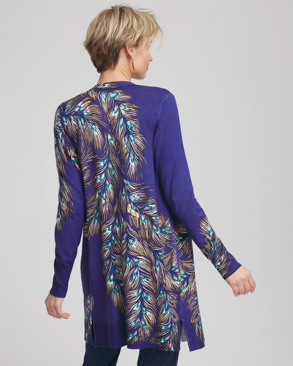 Chico's Classic - Ella Peacock-Print Cardigan Sweater Dark Cobalt