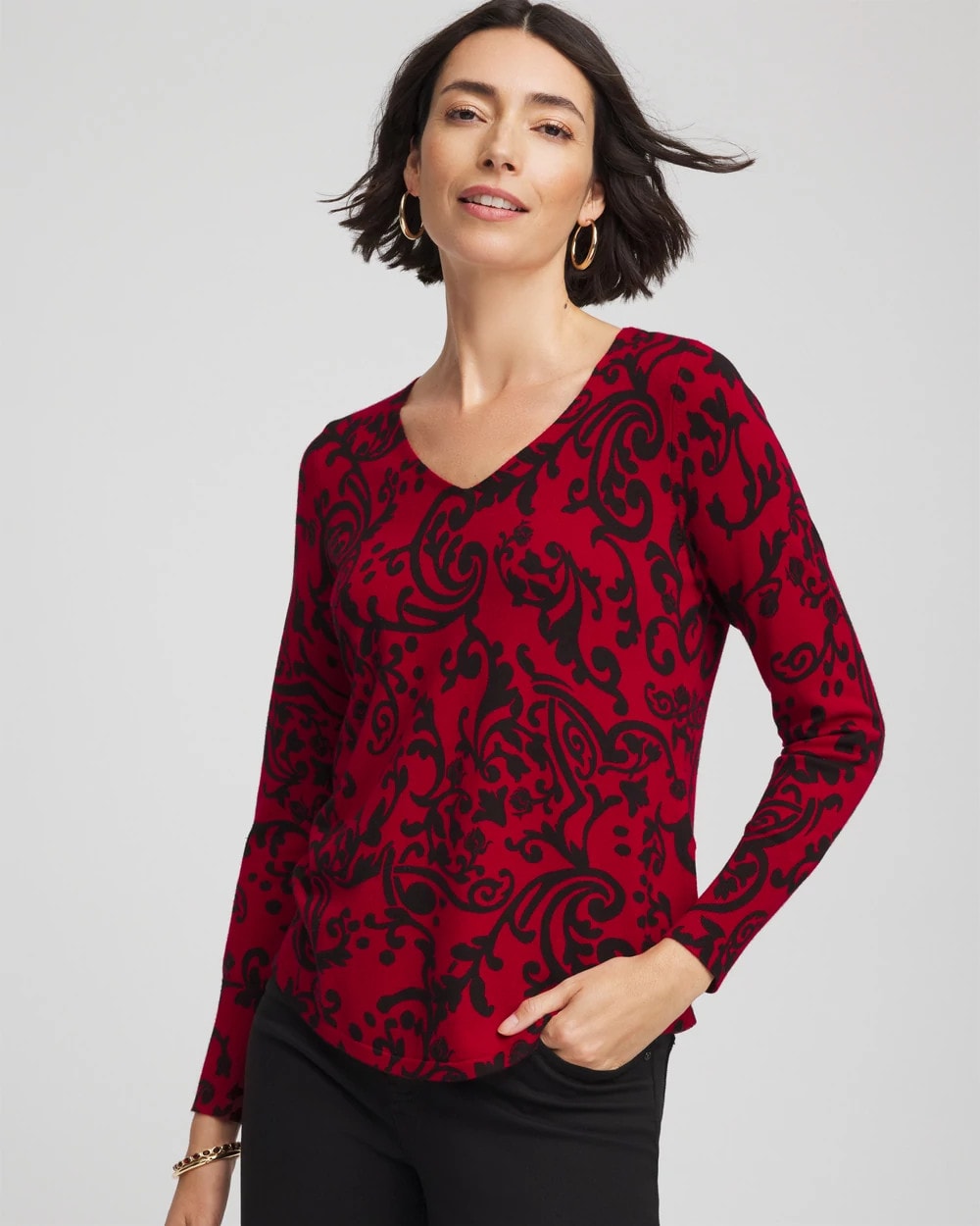 Chico's Trusted - Ella Printed V-Neck Sweater Carmine Red