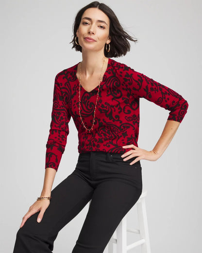 Chico's Trusted - Ella Printed V-Neck Sweater Carmine Red