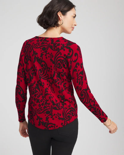 Chico's Trusted - Ella Printed V-Neck Sweater Carmine Red