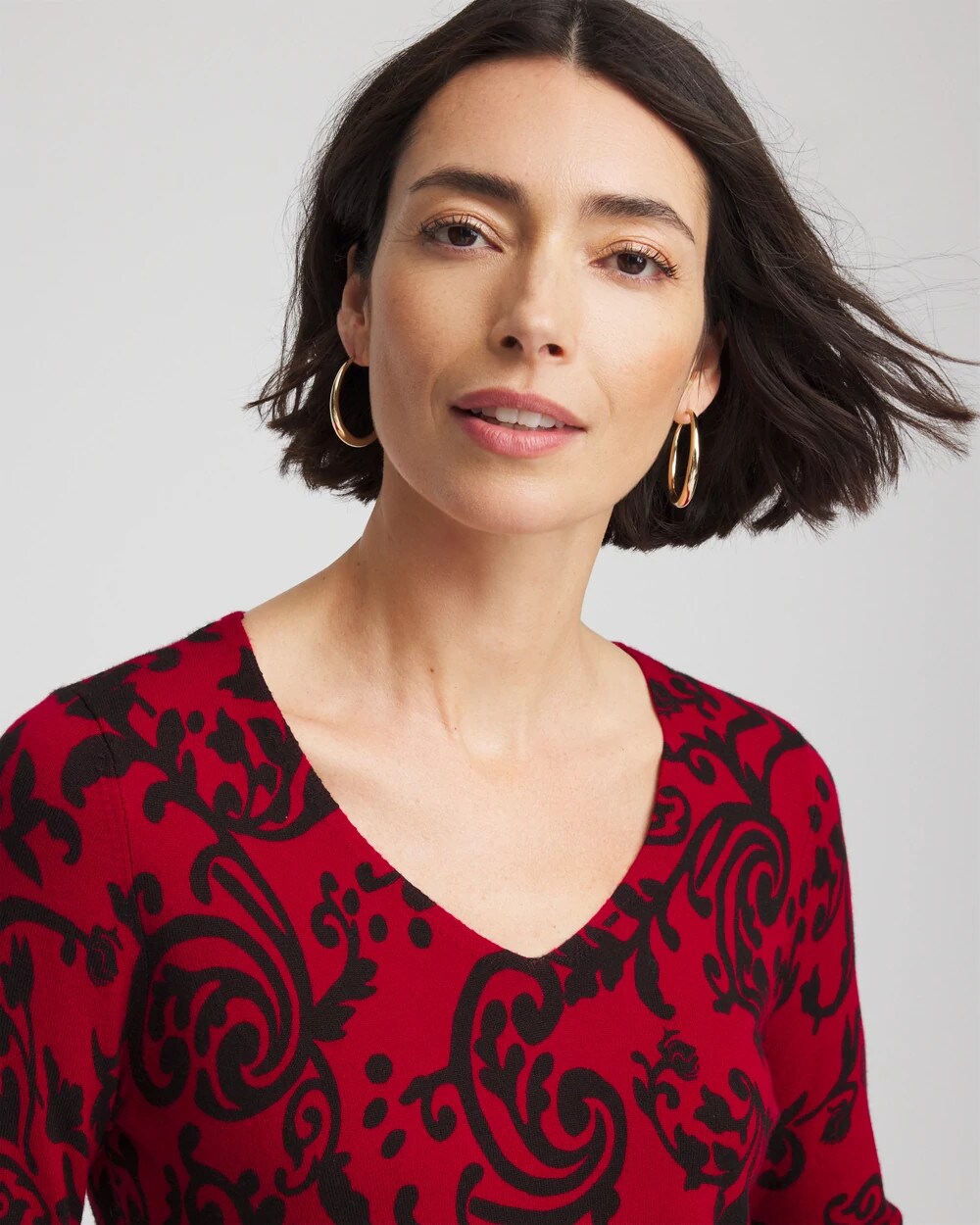 Chico's Trusted - Ella Printed V-Neck Sweater Carmine Red