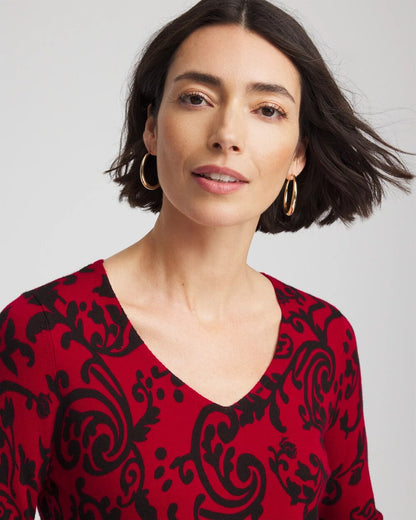 Chico's Trusted - Ella Printed V-Neck Sweater Carmine Red