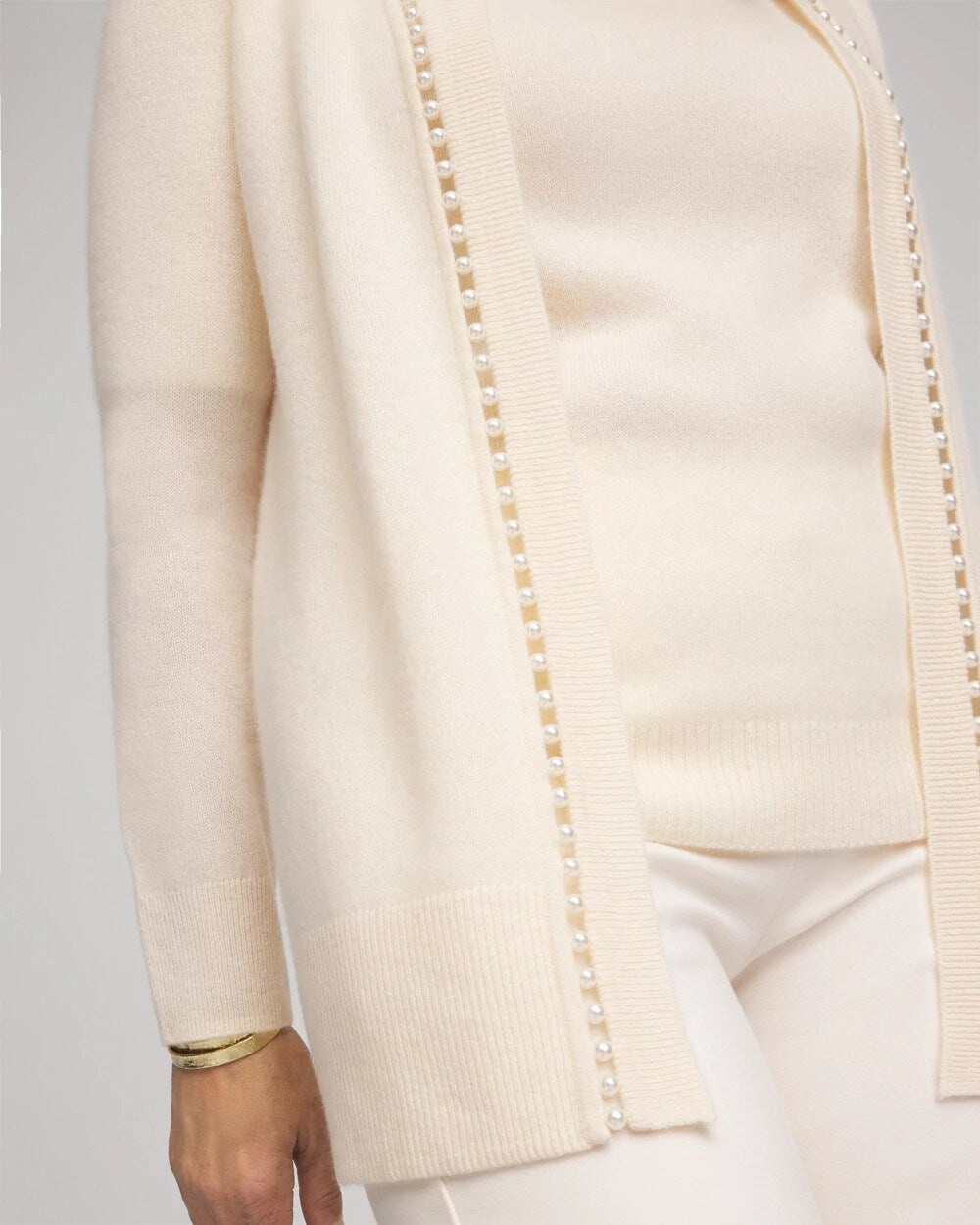 Chico's Quality - Cashmere Pearl-Trim Cardigan Cream
