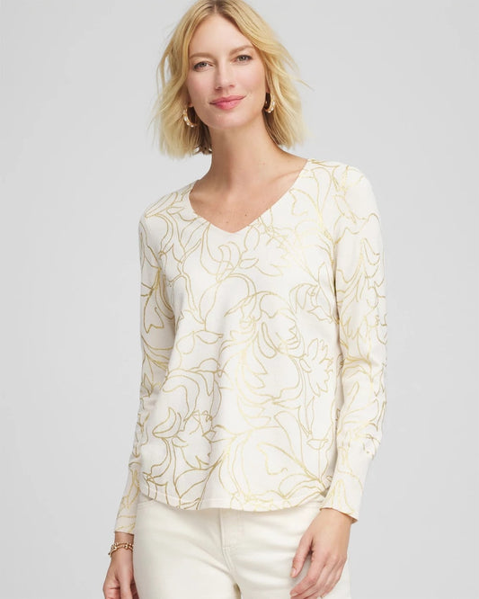Chico's Essential - Ella Foiled V-Neck Sweater English Cream