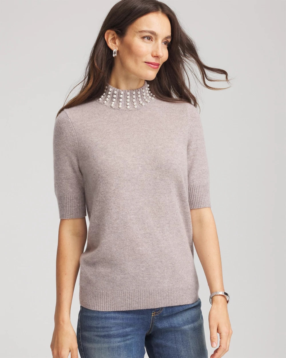 Chico's Smart Buy - Cashmere Pearl Mockneck Sweater Taupe Heather
