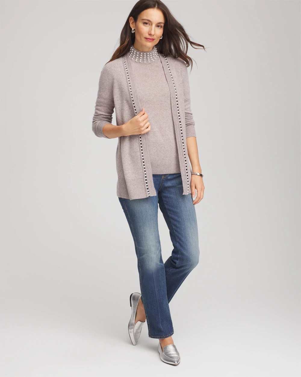 Chico's Smart Buy - Cashmere Pearl Mockneck Sweater Taupe Heather