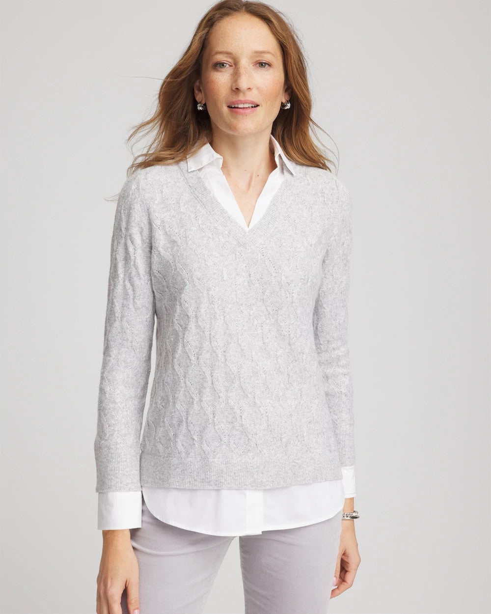 Chico's Popular - Classic Built-In Shirt Knit Sweater Classic Gray