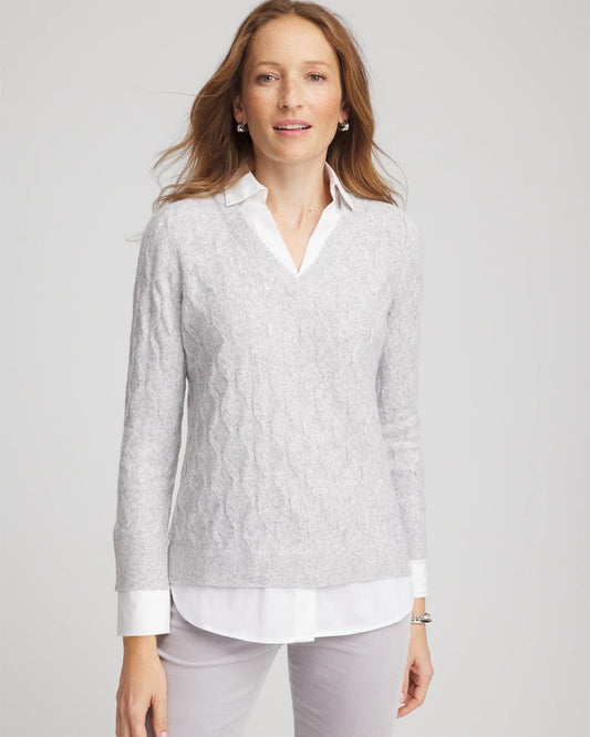 Chico's Popular - Classic Built-In Shirt Knit Sweater Classic Gray
