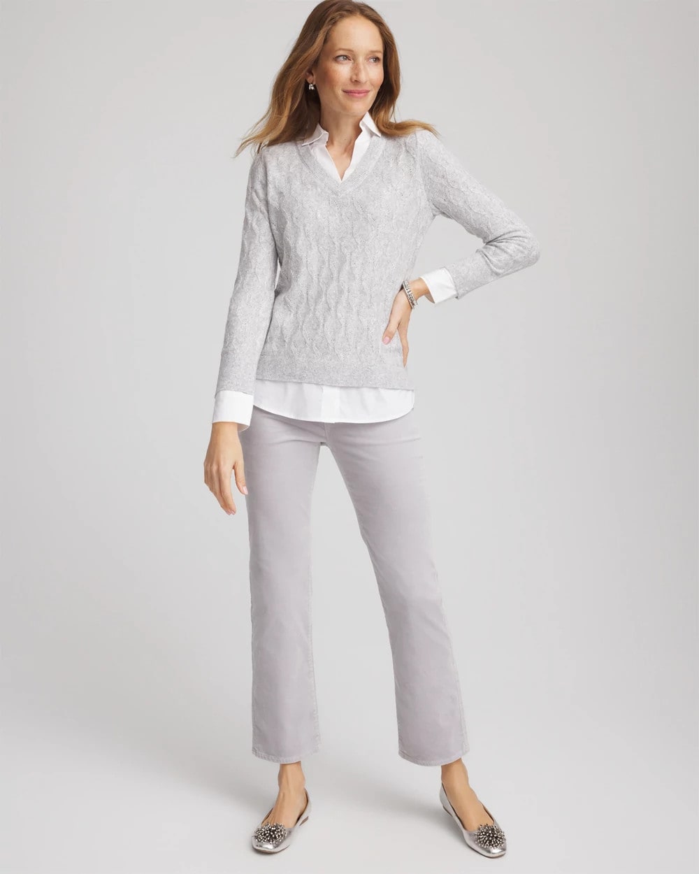 Chico's Popular - Classic Built-In Shirt Knit Sweater Classic Gray