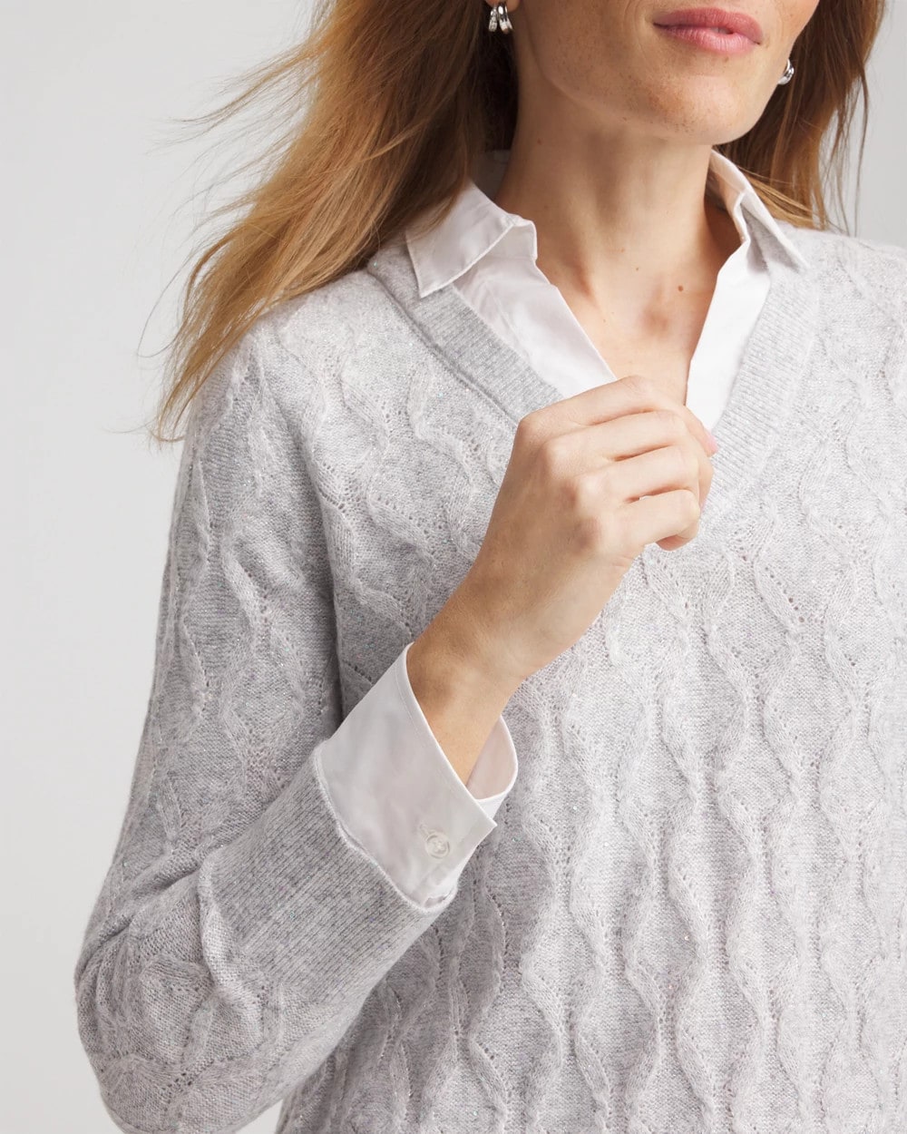 Chico's Popular - Classic Built-In Shirt Knit Sweater Classic Gray