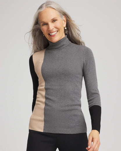 Chico's Quality - Ella Colorblock Intarsia Turtleneck Sweater Black