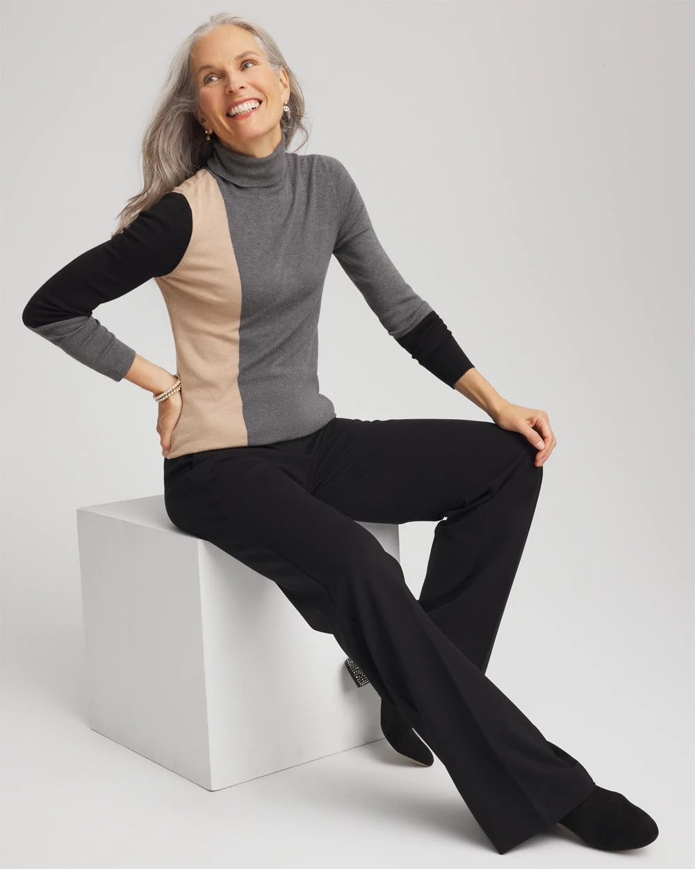 Chico's Quality - Ella Colorblock Intarsia Turtleneck Sweater Black