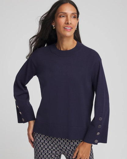 Chico's Everyday - Button Sleeve Crewneck Pullover Passport Blue