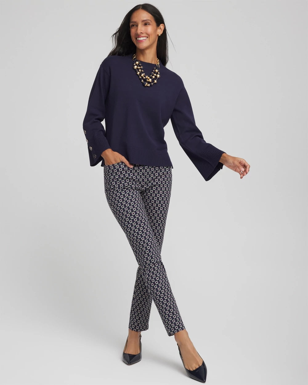 Chico's Everyday - Button Sleeve Crewneck Pullover Passport Blue
