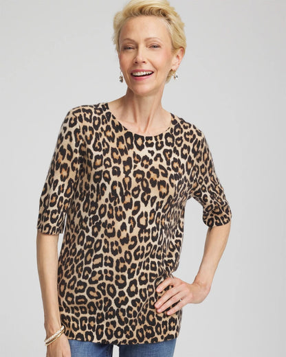 Chico's Signature - Cashmere Animal Elbow-Sleeve Pullover Camel